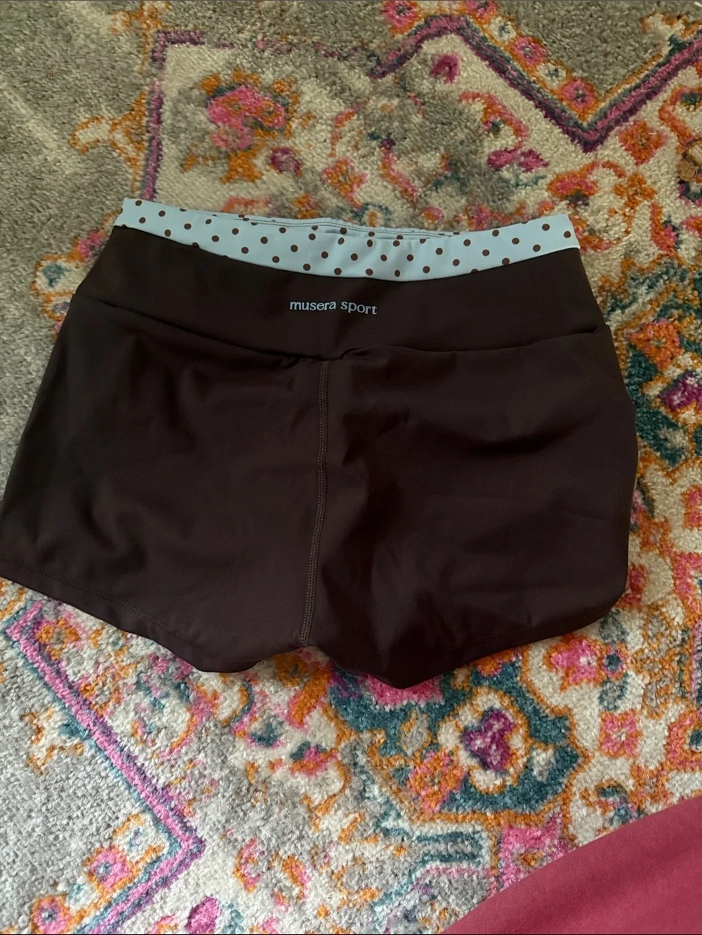 Women’s Brown Athletic Shorts with Light Blue Polka Dot Waistband